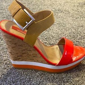 Red: Saks Fifth Avenue orange/ white wedge sandal